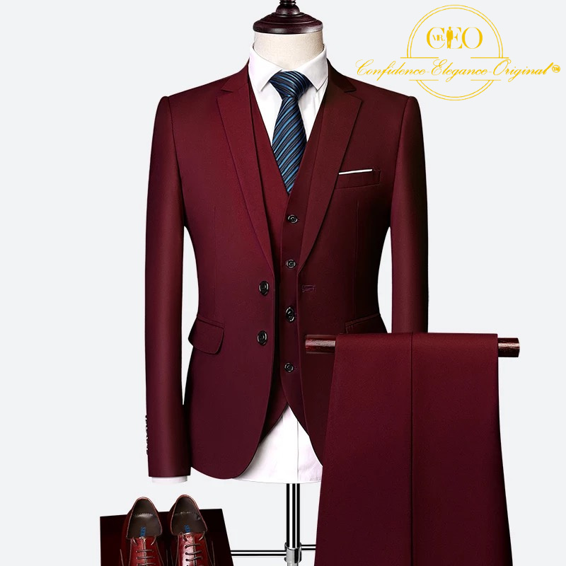 3 Piece Burgundy Business Single Breasted Suit – Mr CEO Collections