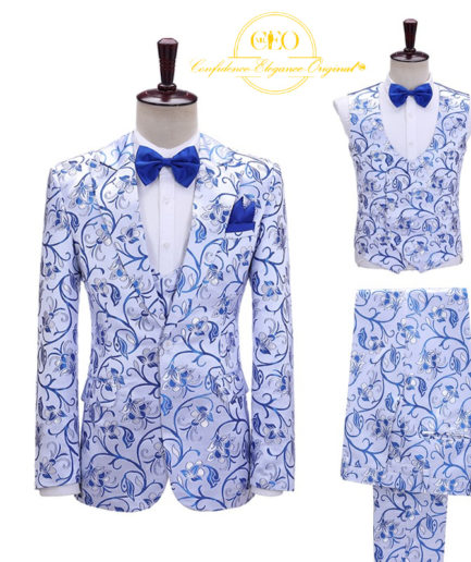 Light Blue and Off White Floral 3 Piece Tuxedo