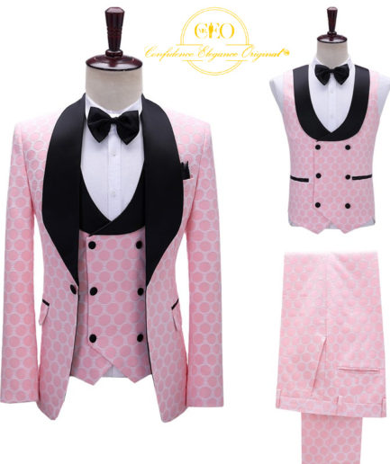 Pink Large Polka Dot & Black Lapel 3 Piece Tuxedo