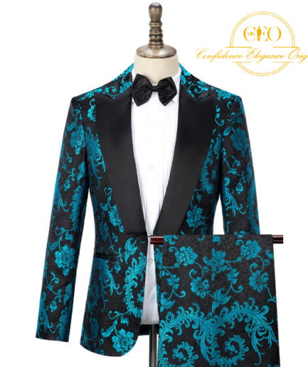 Turquoise & Black Lapel Floral 2 Piece Tuxedo