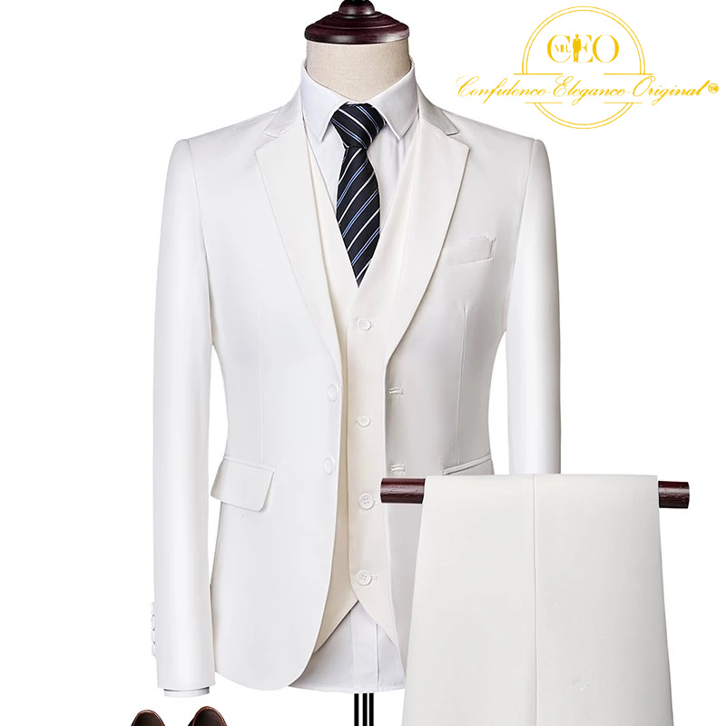 Three Piece Ivory White Textured Formal Suit - Nosfer