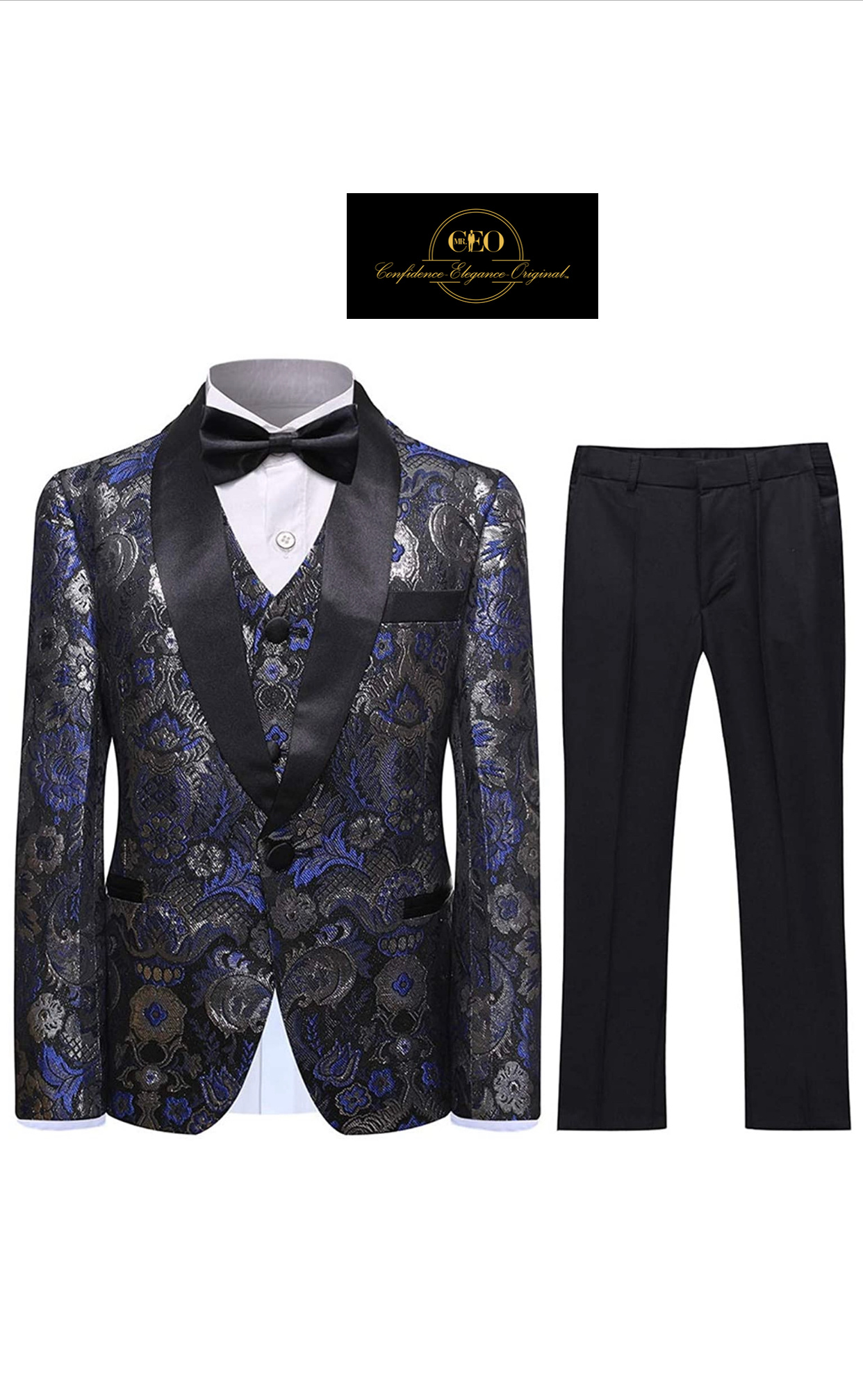 3 Piece Silver & Blue Paisley Single Button Mr. CEO Jr. Edition Tuxedo ...