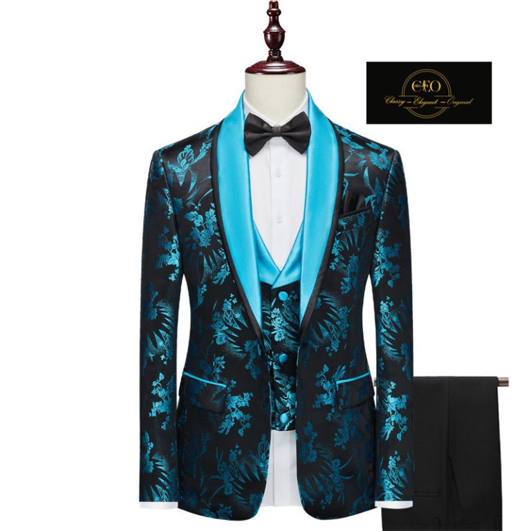 3 Piece Cyan Blue & Black Floral Tuxedo with Black Pants – Mr CEO ...